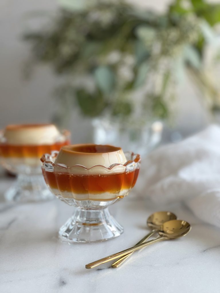 Creme caramel served in a tulip glass