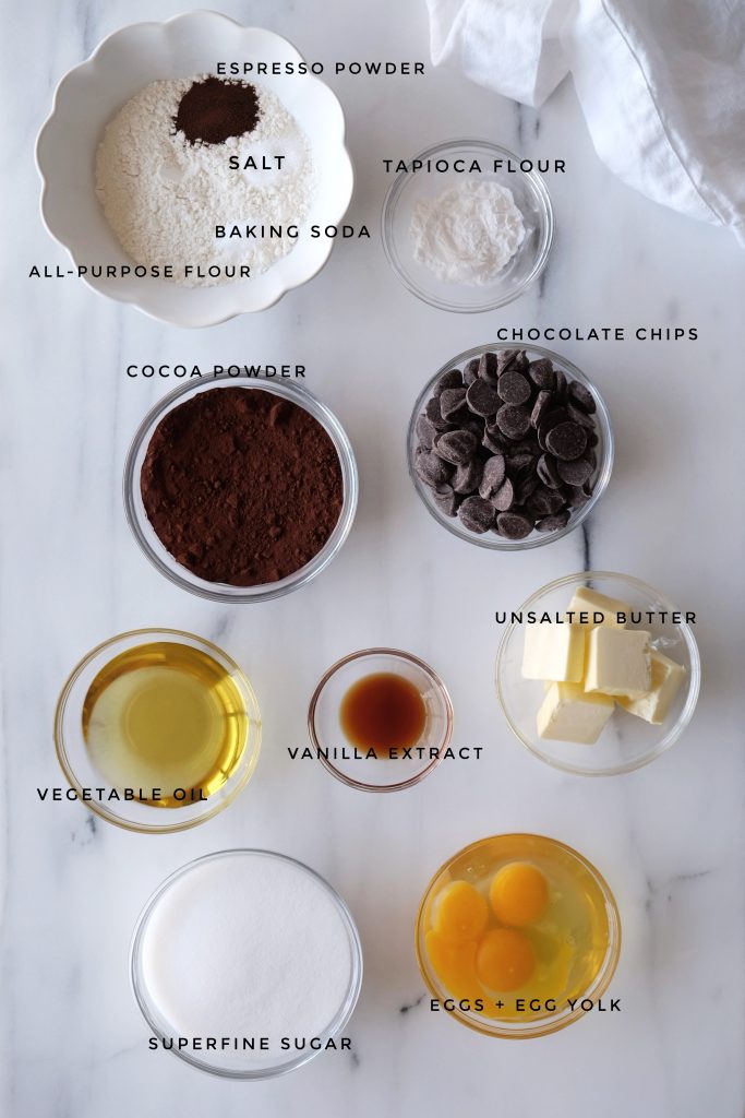 Ingredients used in double chocolate brownies, placed in individual prep bowls