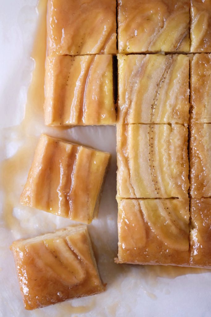 Sliced caramelized banana upside down cake