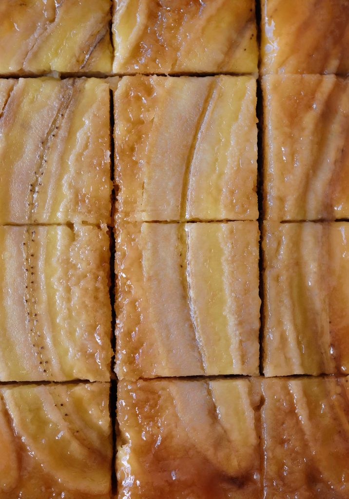 Sliced caramelized banana upside down cake