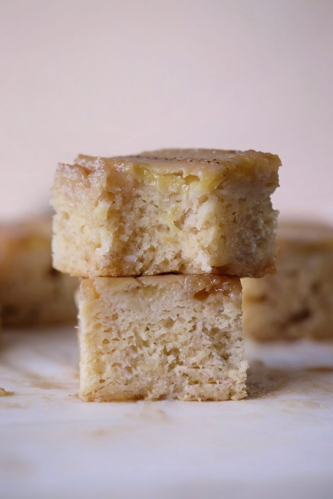 Stacks of caramelized banana upside down cake slices