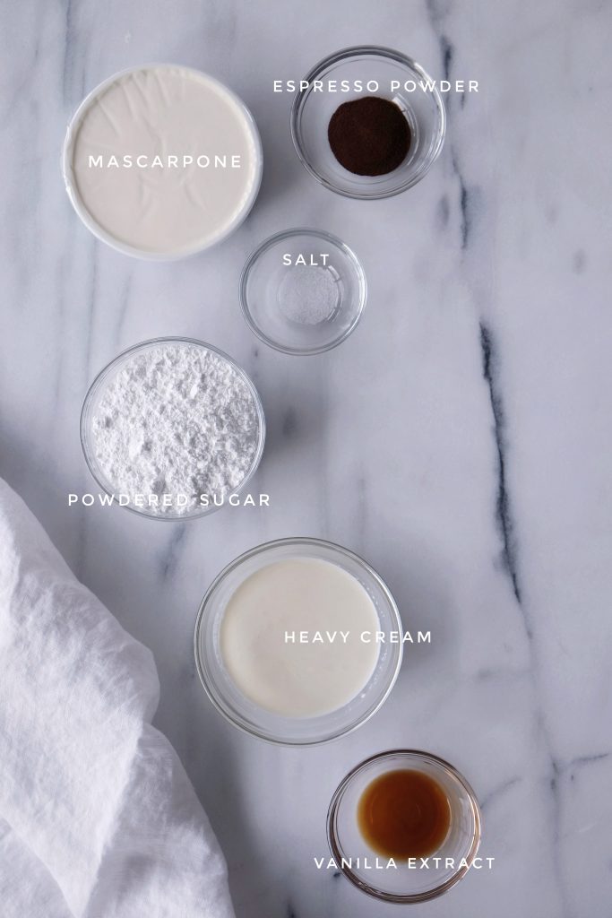 All ingredients for the coffee mascarpone cream, placed in individual prep bowls